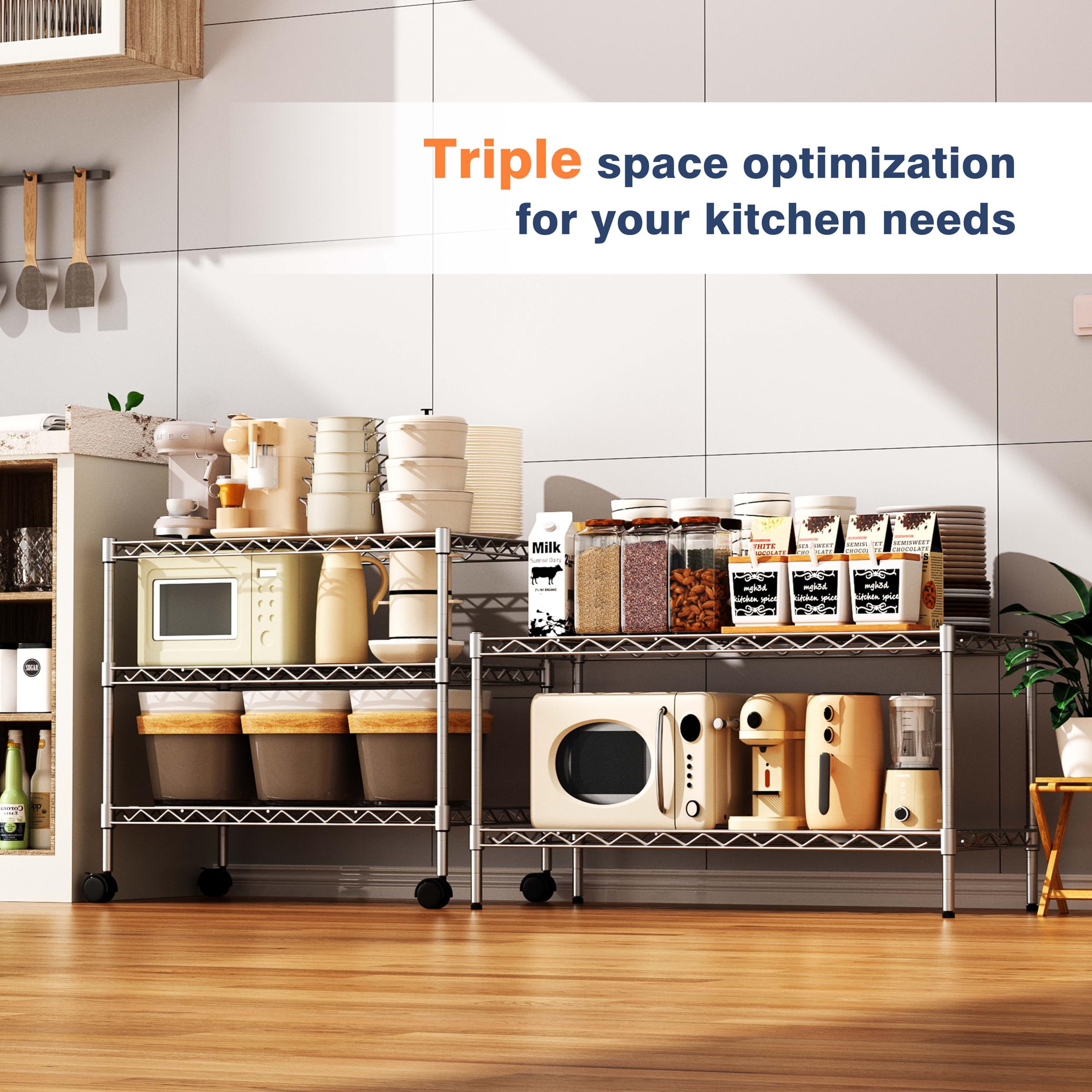 Lockable wheels on VANZBON shelving unit enabling secure placement and easy movement
