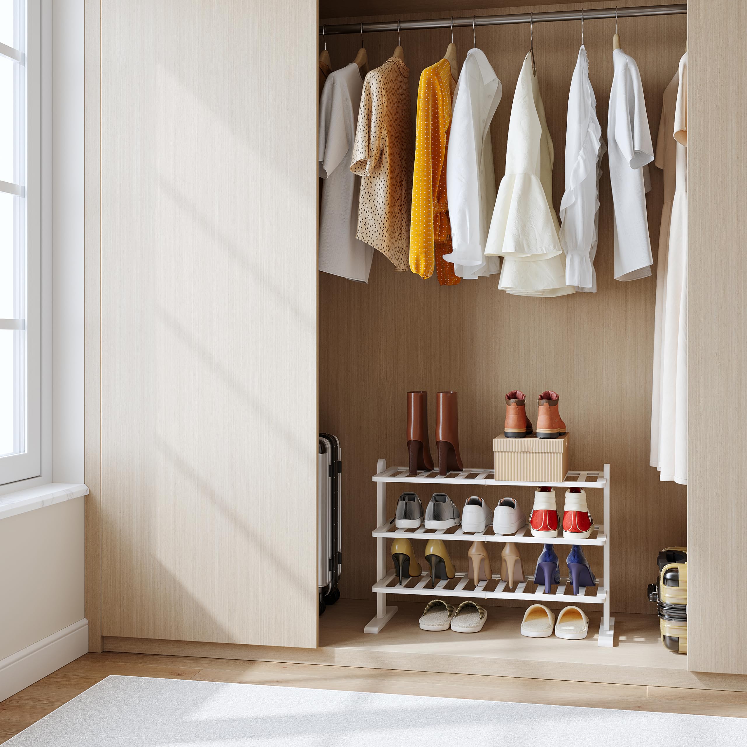 Varhomax rack complements bedroom decor while saving floor space.