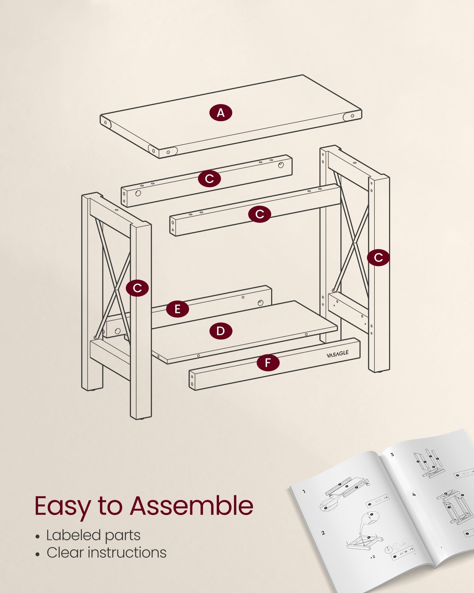 VASAGLE end table assembly with labeled parts for quick setup