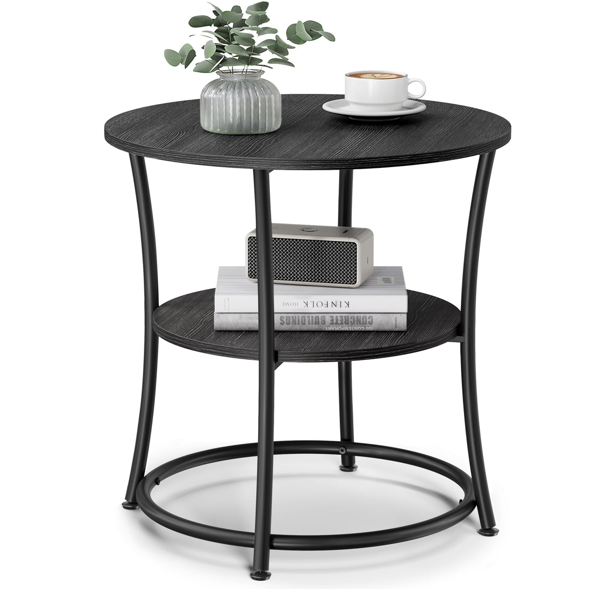 VASAGLE 21.7-inch round table top view shows a sturdy space for lamps and drinks.