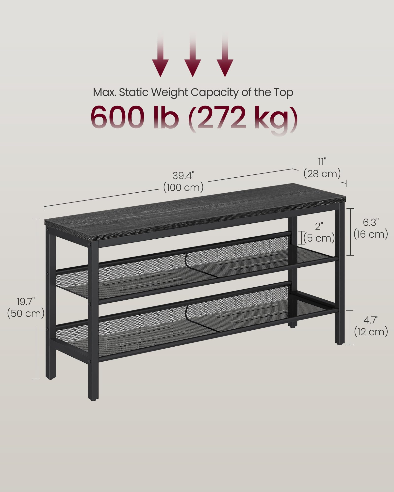 VASAGLE bench in charcoal gray finish complements modern home decor.
