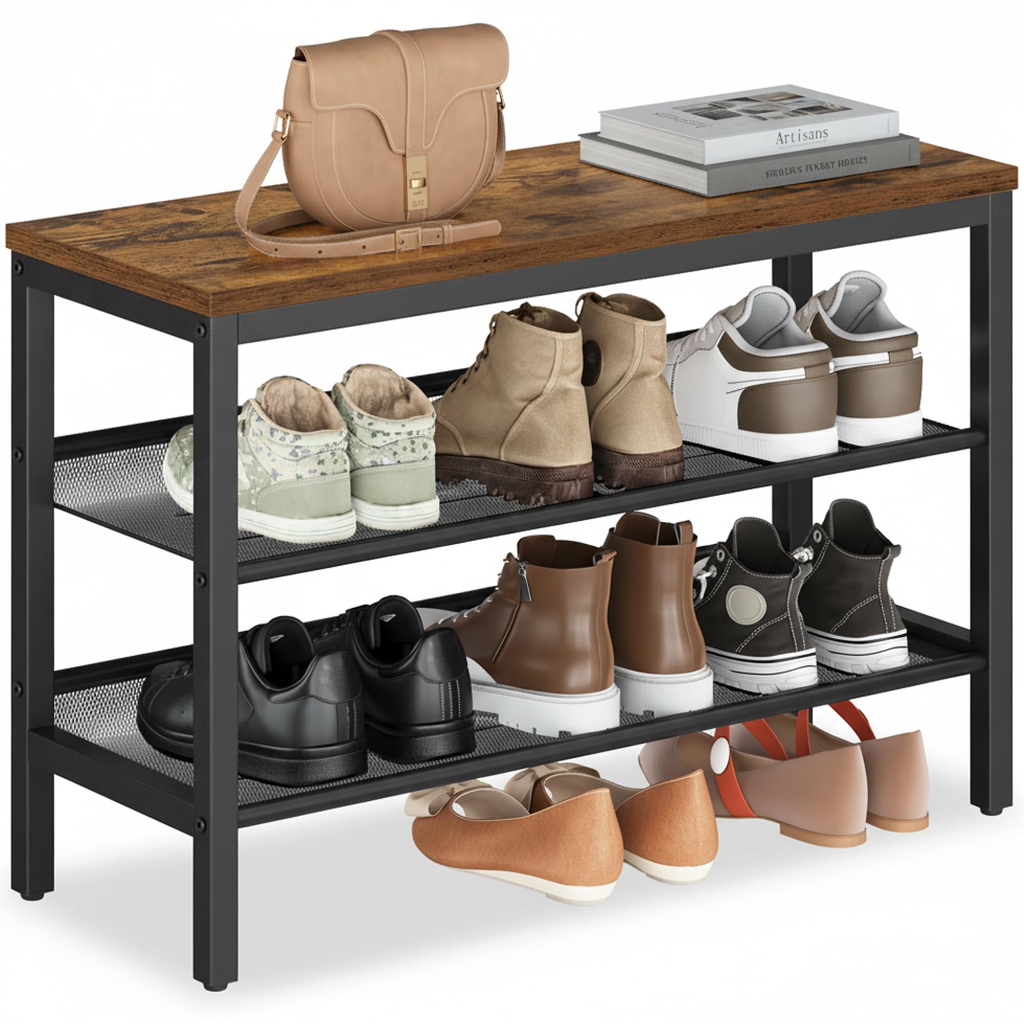 VASAGLE 3-tier shoe rack bench front view shows rustic-brown and matte-black finish for organized entryways.