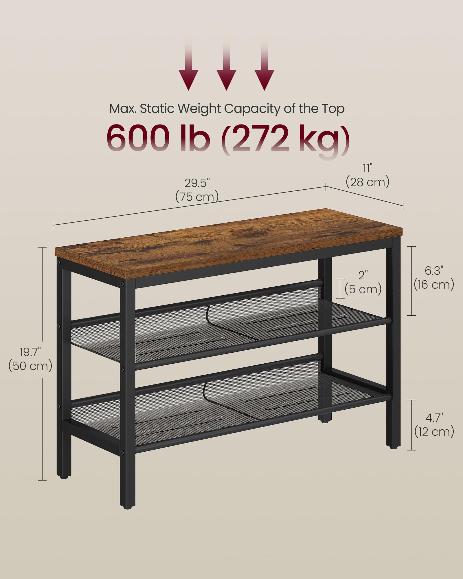 VASAGLE 3-tier shoe rack bench assembled in minutes for easy setup in a tidy entryway.
