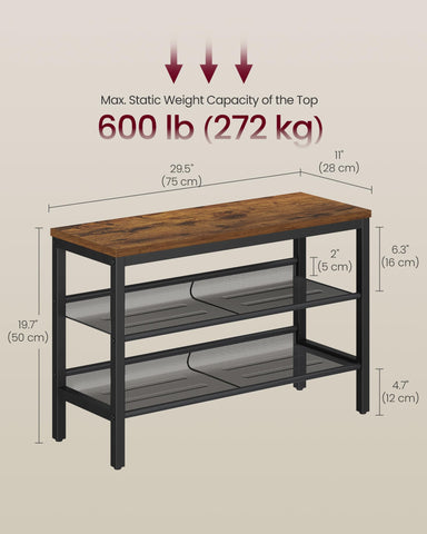VASAGLE 3-tier shoe rack bench assembled in minutes for easy setup in a tidy entryway.