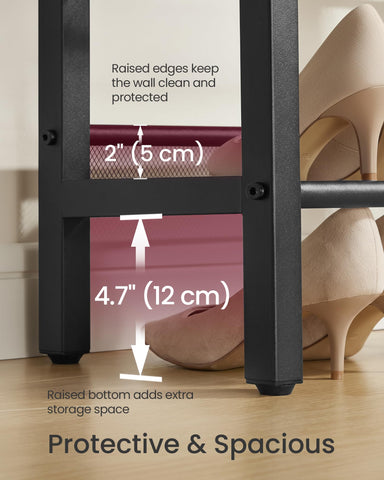 VASAGLE 3-tier shoe rack bench raised-edges detail demonstrates secure storage for boxes.