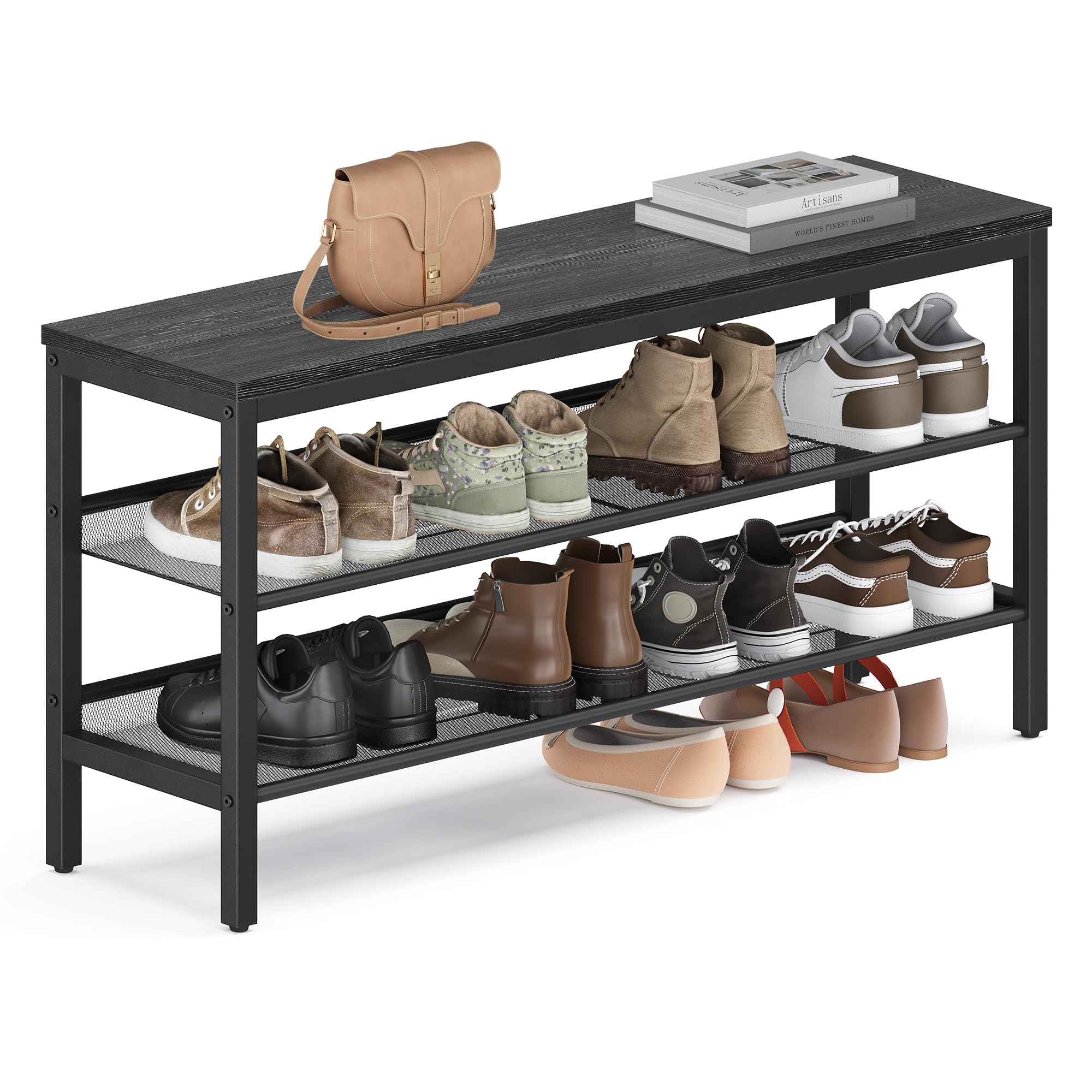 VASAGLE 3-Tier Shoe Rack Bench top view shows sturdy design and ample storage.