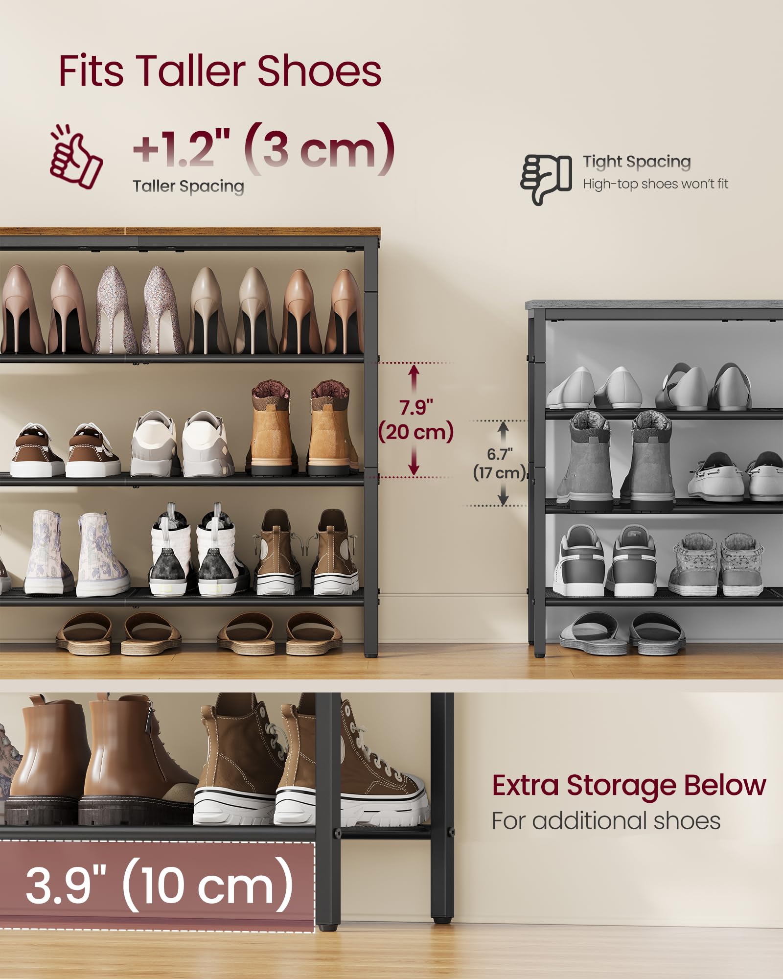 VASAGLE 4-tier shoe rack dense mesh shelves provide sturdy shoe support.