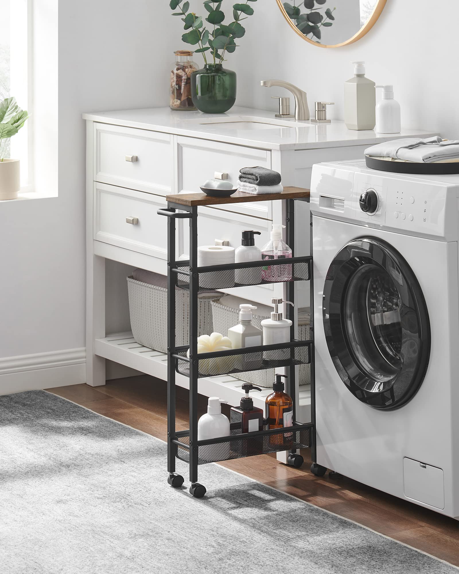 VASAGLE four-tier storage baskets for snacks and jars.