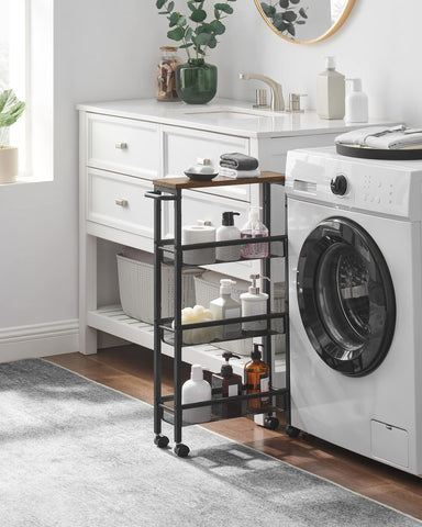 VASAGLE four-tier storage baskets for snacks and jars.