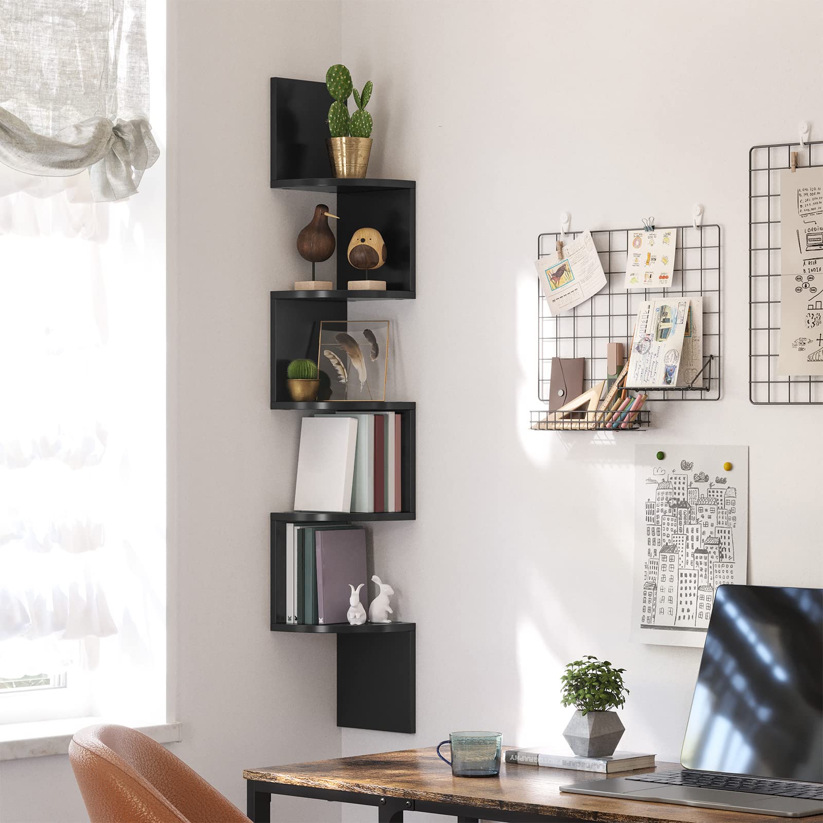 VASAGLE 5-tier corner bookcase shows plants and daily essentials neatly in limited spaces.