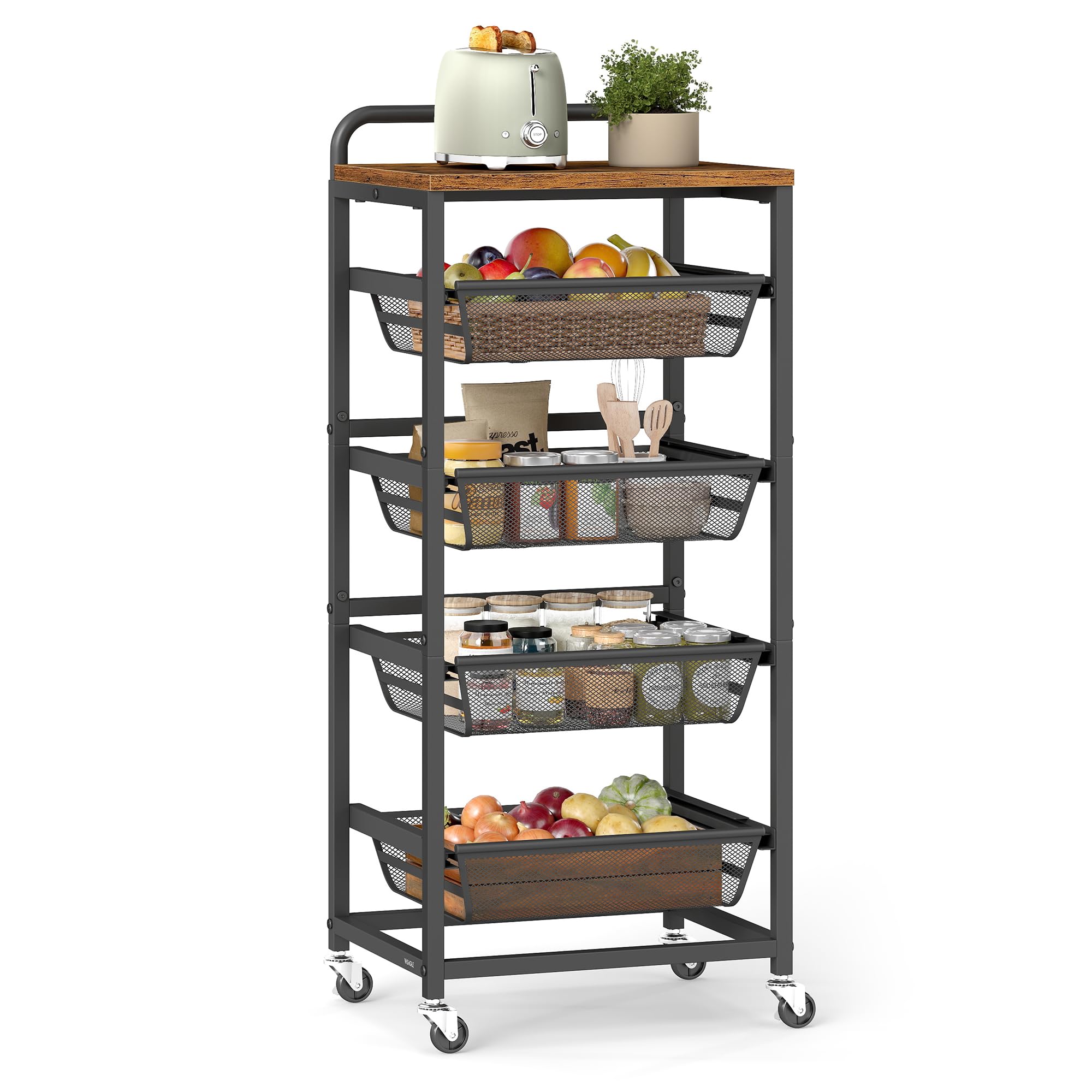 VASAGLE 5-tier rolling cart with pull-out baskets for organized pantry storage.