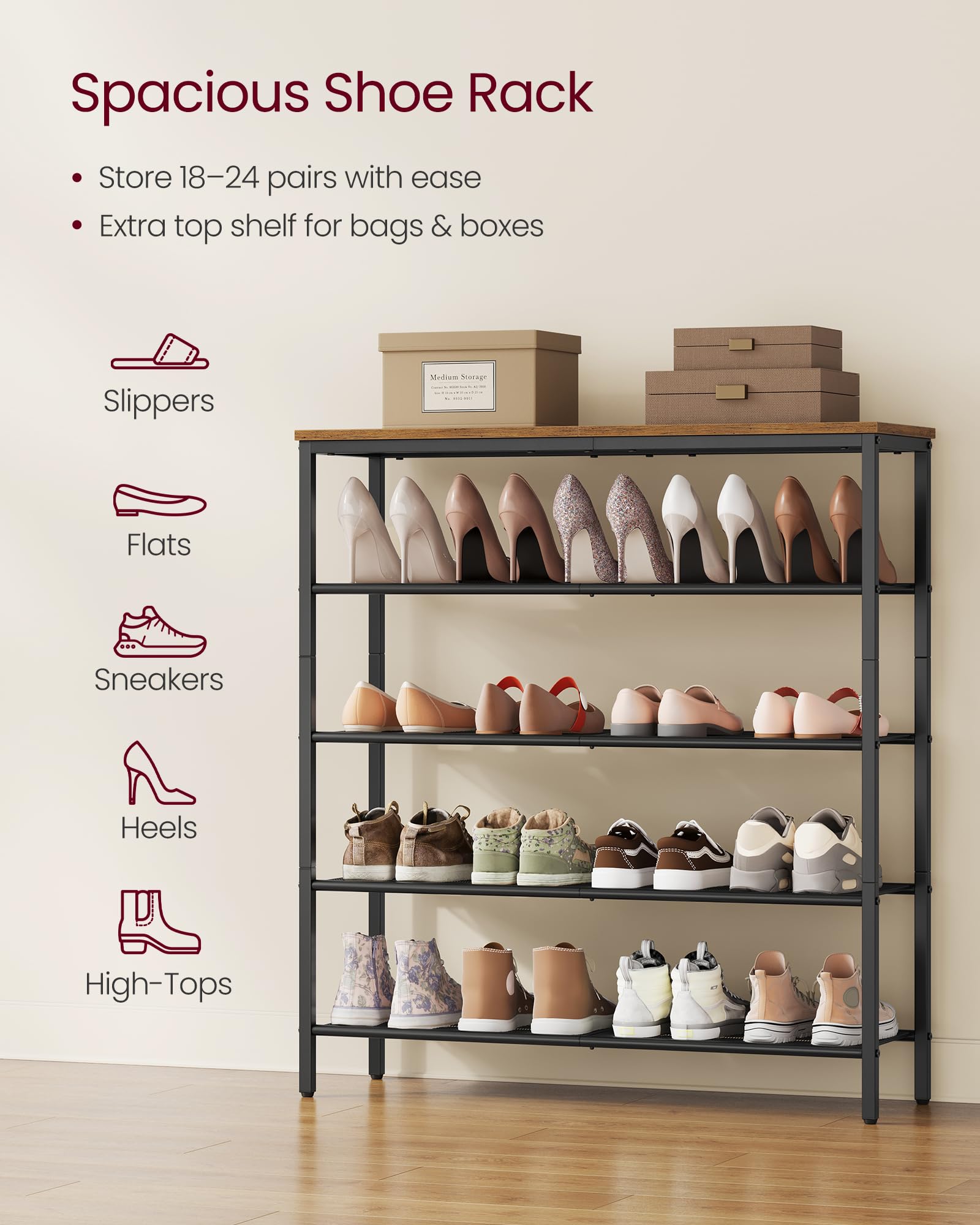 Entryway setup with VASAGLE rack showing space-saving vertical storage