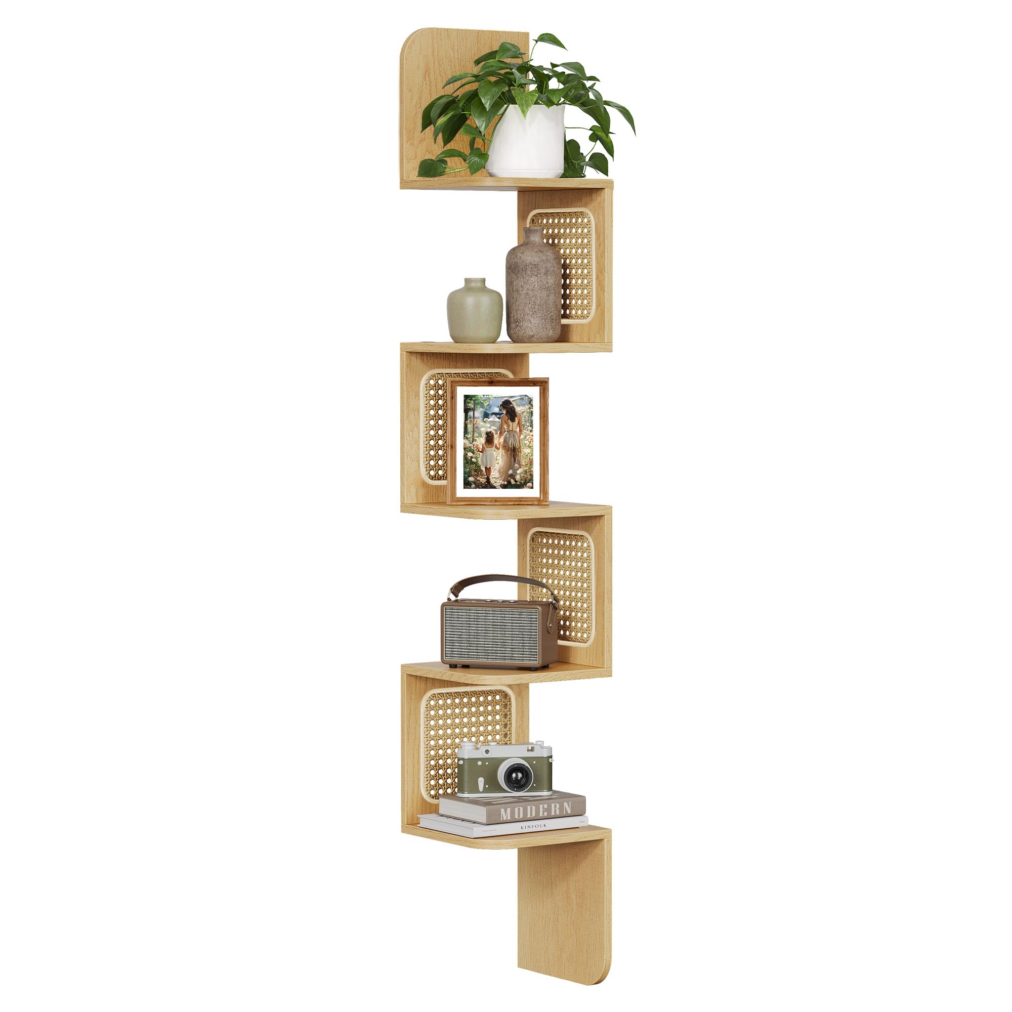 VASAGLE 5-tier zigzag corner shelf with oak beige finish for space-saving display.