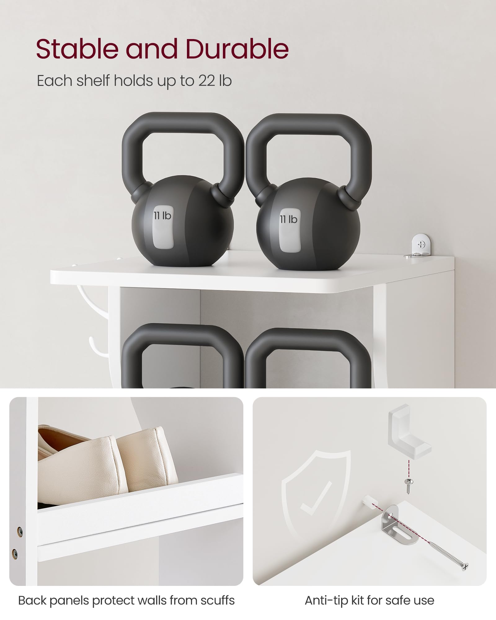 VASAGLE anti-tip kit and raised back help keep the rack stable