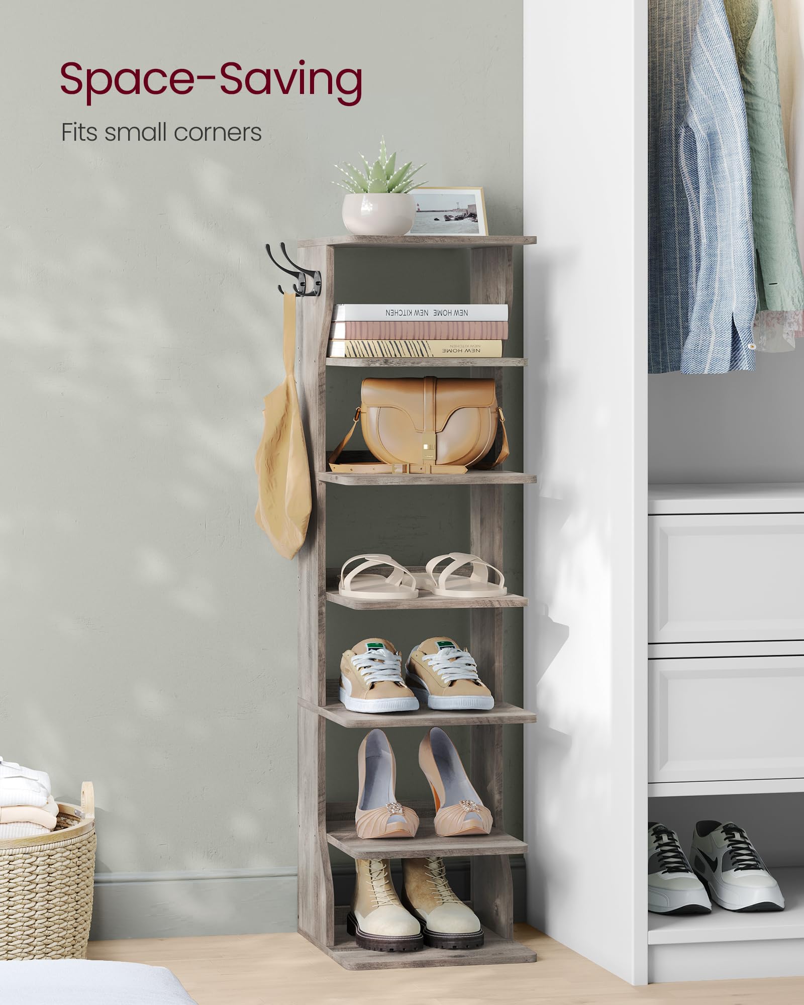 Hooks storage on rack enables quick grab-and-go organization.