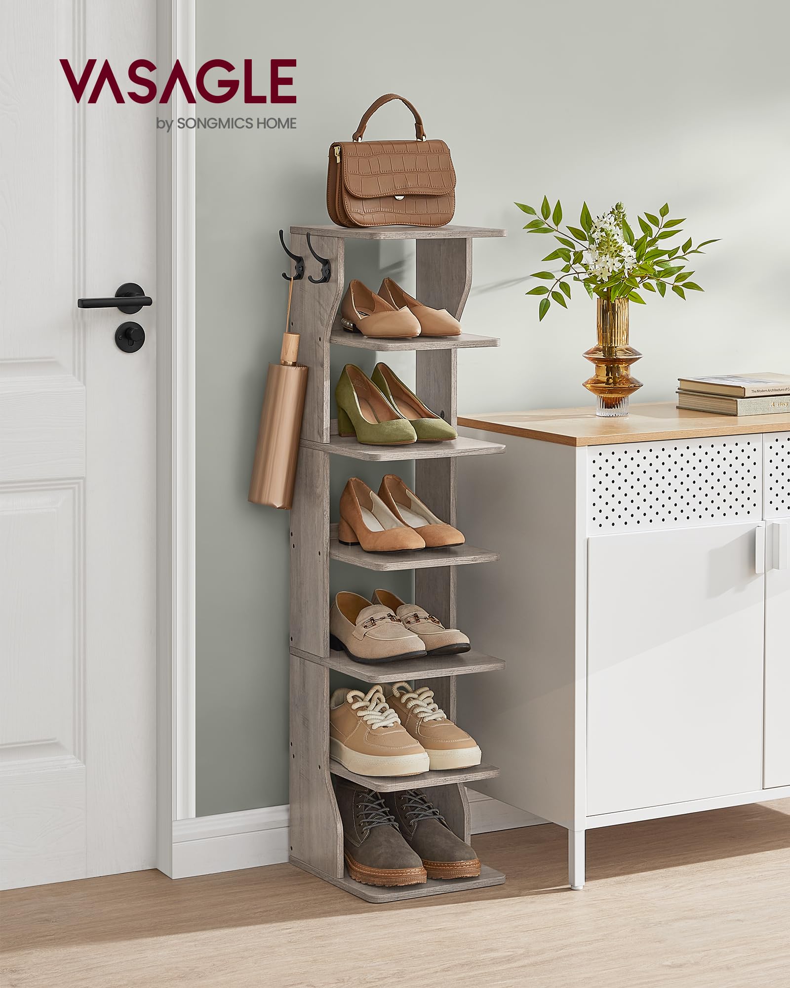 Side view highlights slim corner fit for entryways and bedrooms.