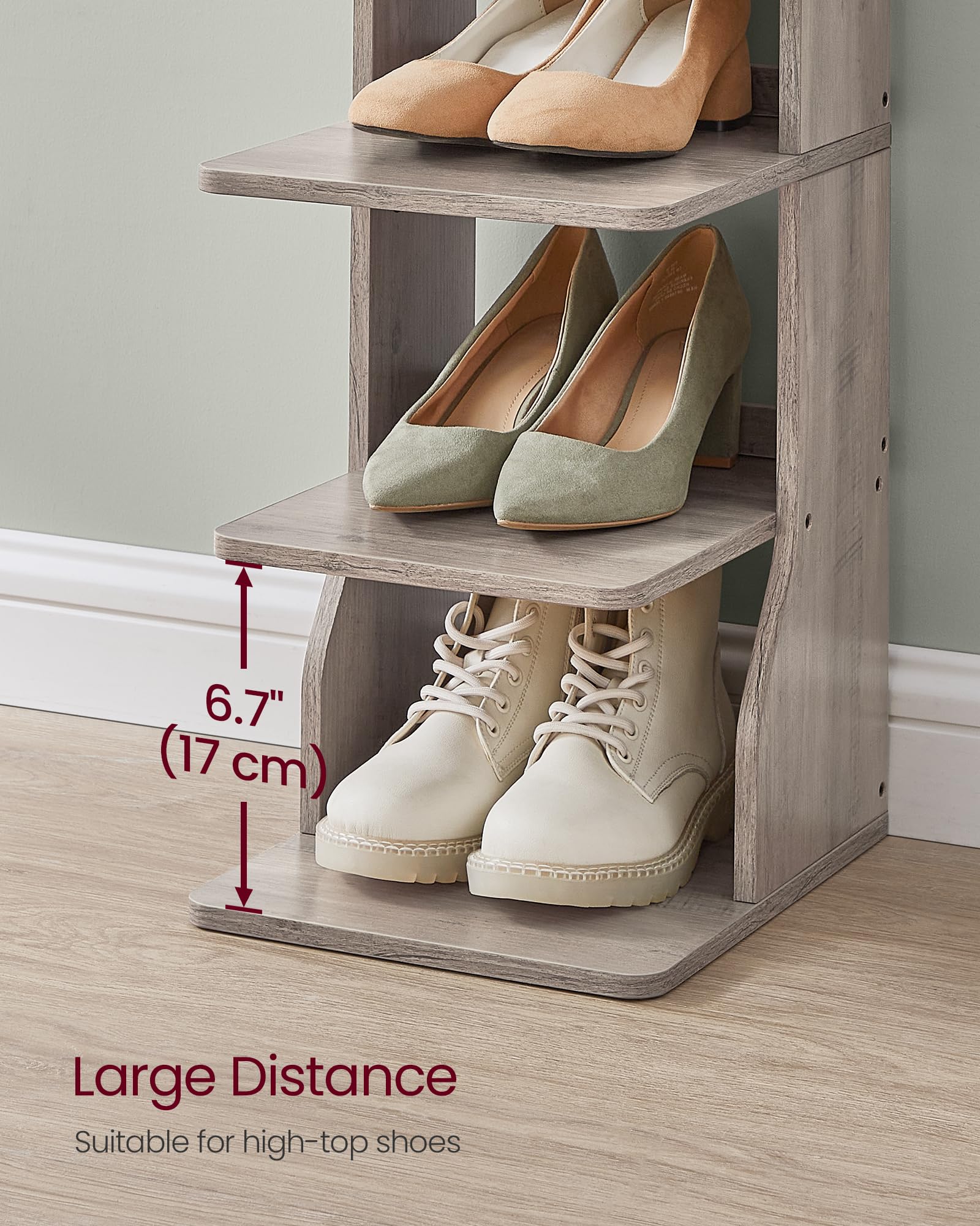Shelf detail shows 6.7-inch spacing for taller shoes.
