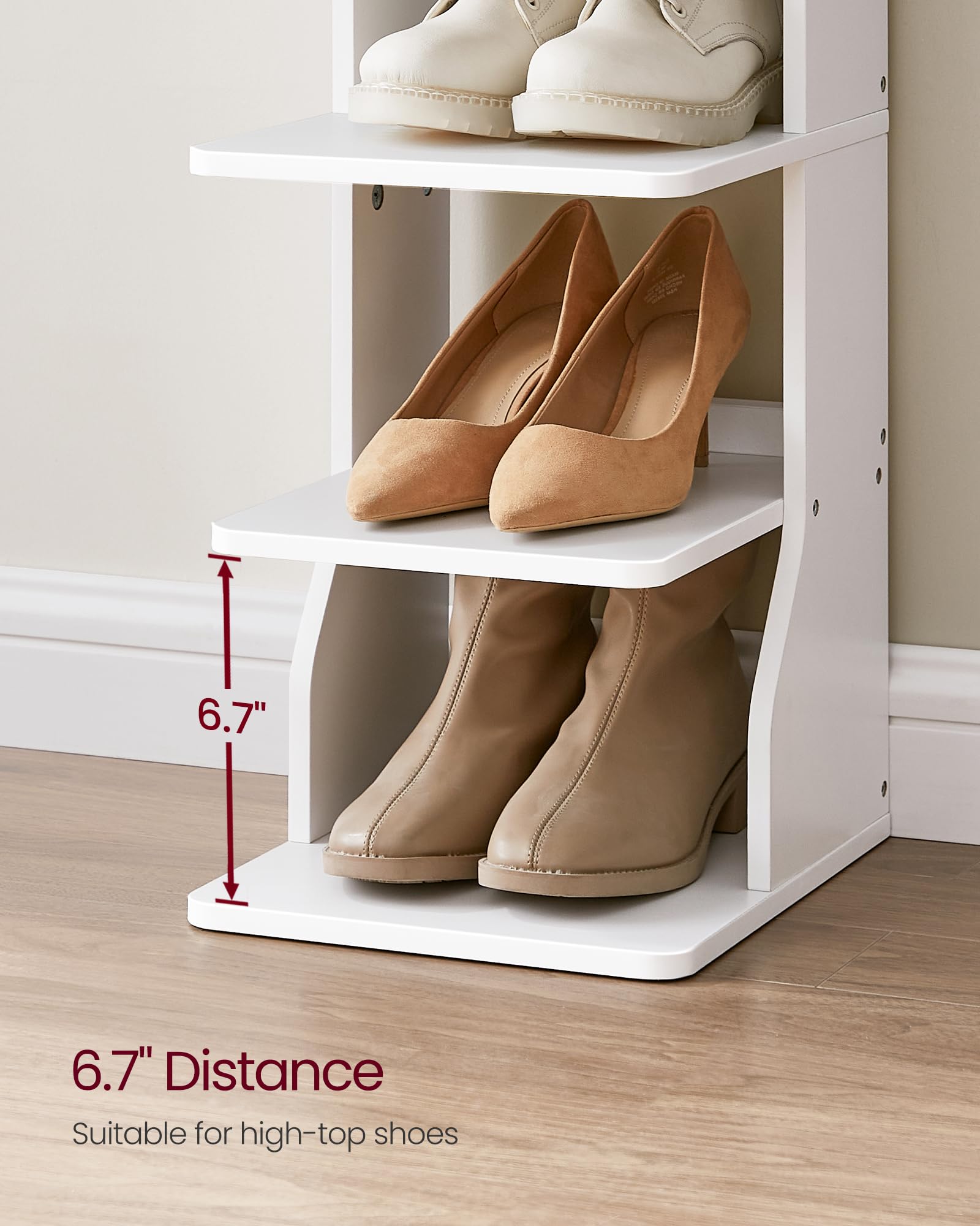 VASAGLE white rack demonstrates tall shoe accommodation with 6.7 inch shelf spacing