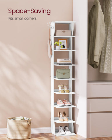 VASAGLE 9-tier shoe rack interior shelves showing tall shoes clearance.