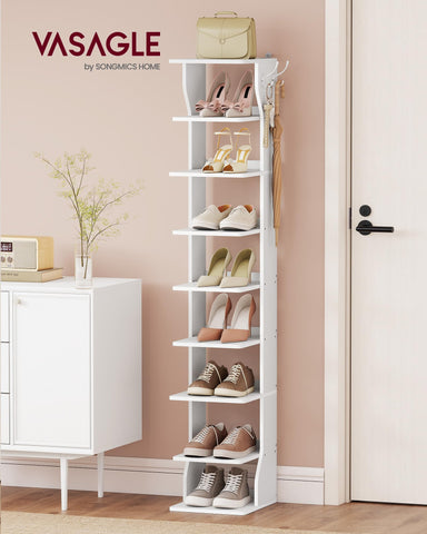 VASAGLE 9-tier shoe rack side view highlighting slim footprint for apartments.