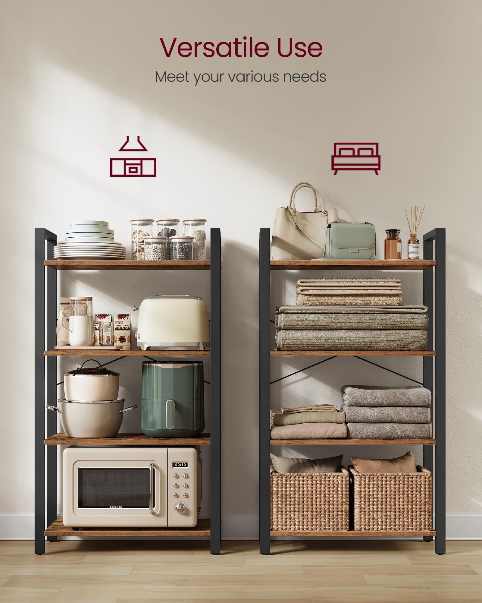 Adjustable feet keep the tall shelf balanced on irregular surfaces.