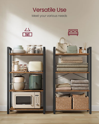 Adjustable feet keep the tall shelf balanced on irregular surfaces.