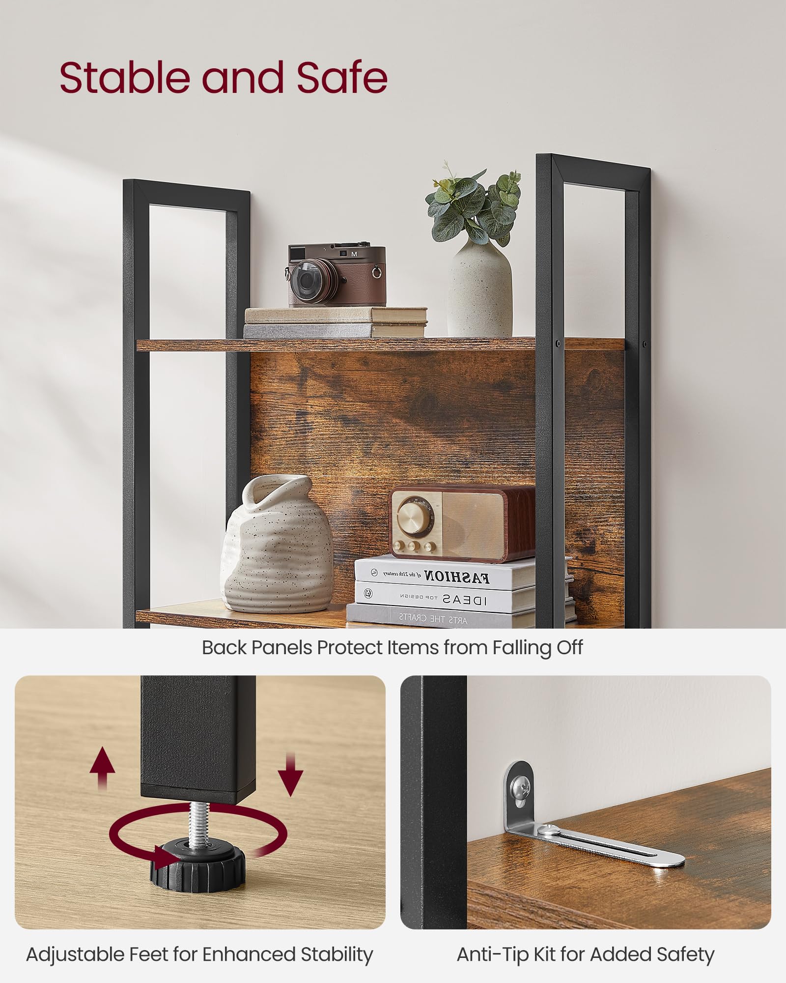 VASAGLE adjustable feet keep the unit stable on uneven floors.