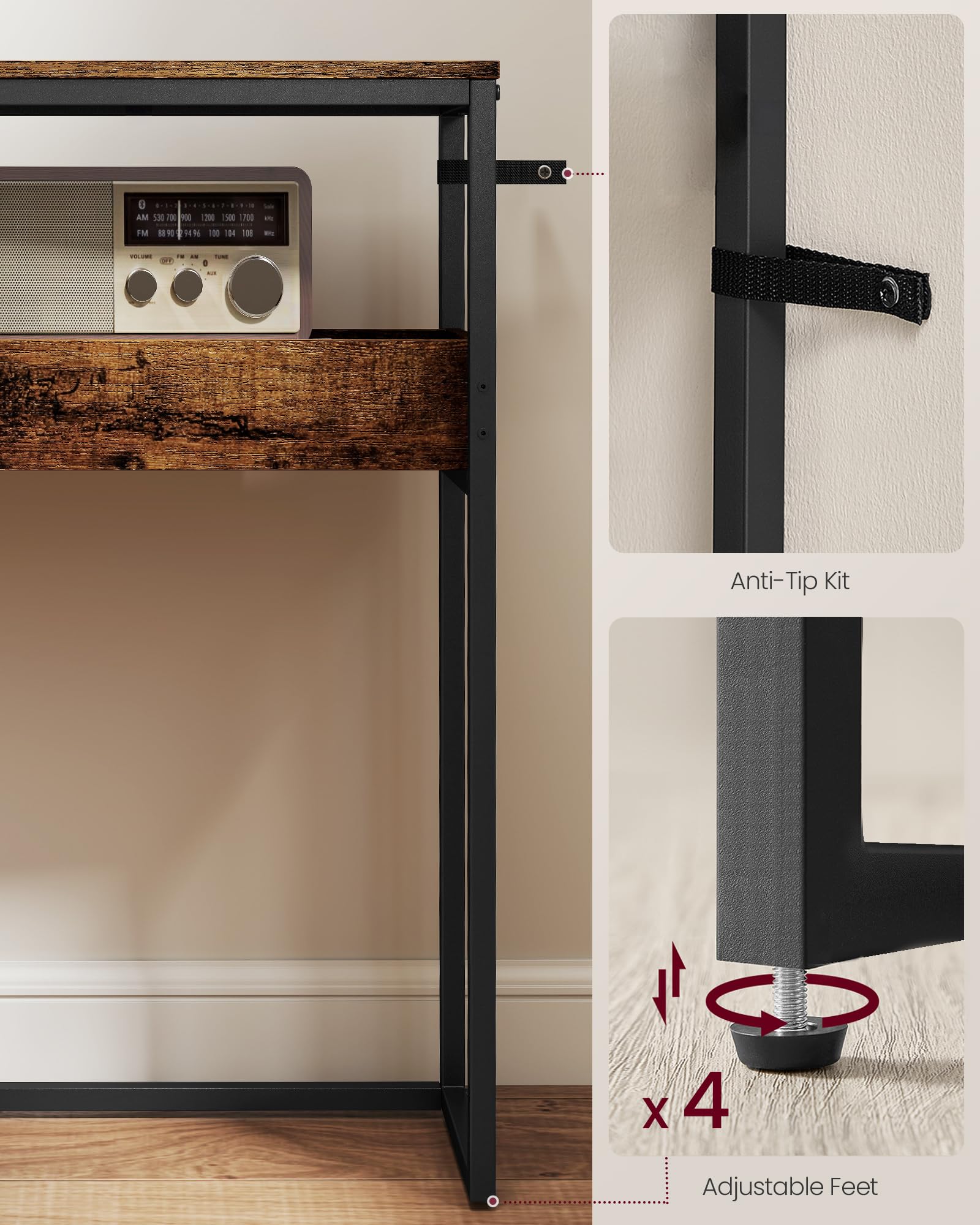 VASAGLE adjustable feet help stabilize on uneven floors.