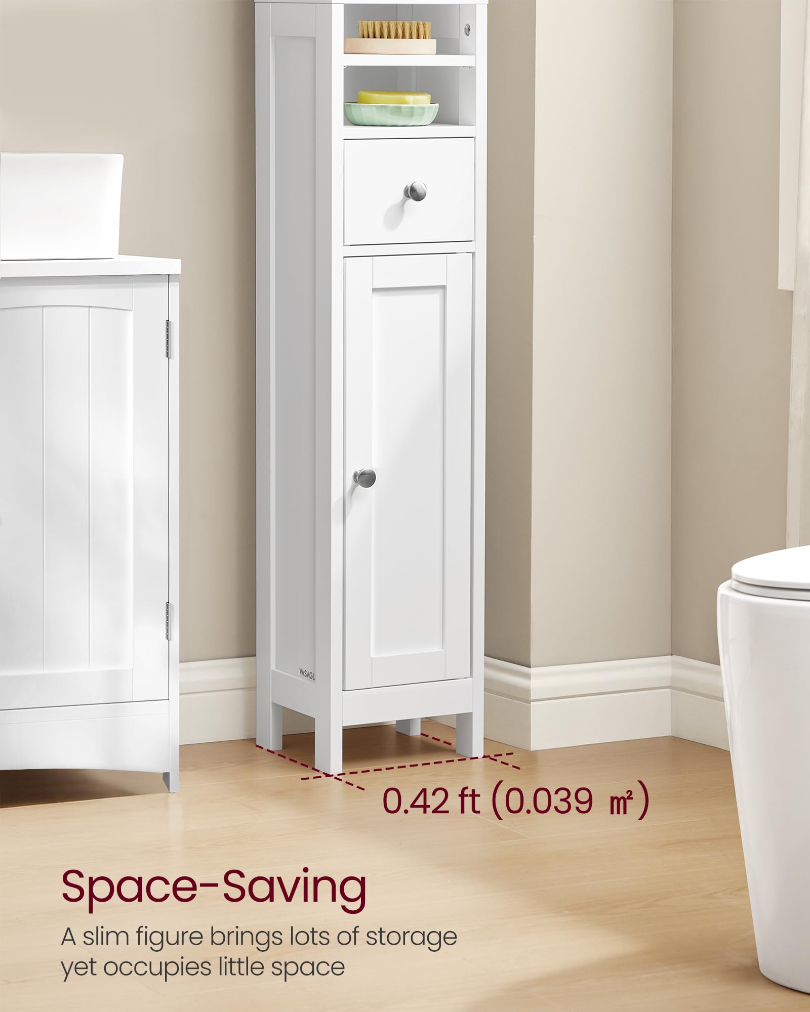 VASAGLE adjustable shelves detail showing customizable storage for items of different heights.