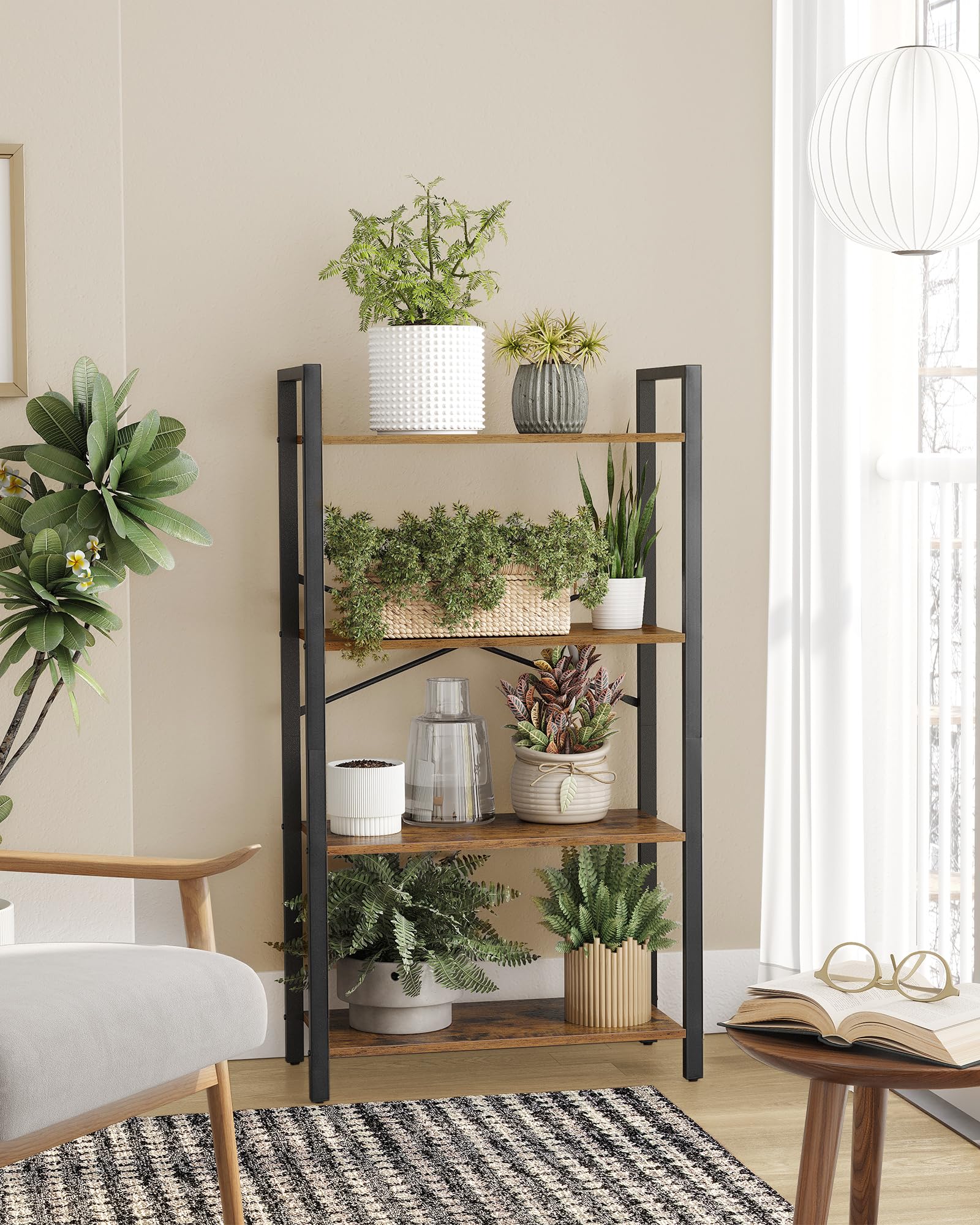 Rustic brown shelves with black steel frame create a bold industrial vibe.