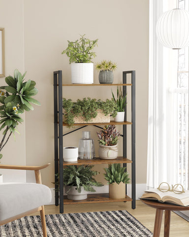 Rustic brown shelves with black steel frame create a bold industrial vibe.