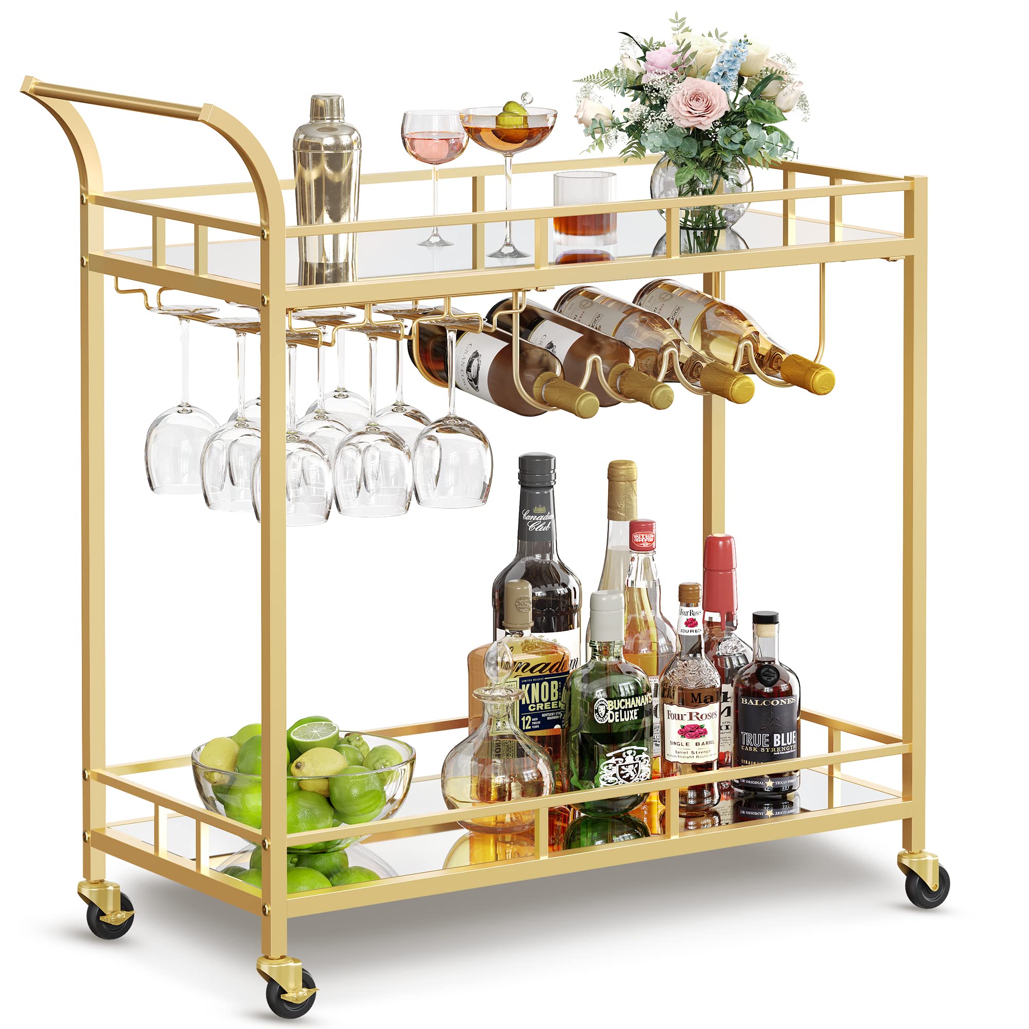 VASAGLE Bar Cart Gold with mirrored shelves for stylish entertaining.