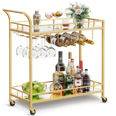 VASAGLE Bar Cart Gold with mirrored shelves for stylish entertaining.