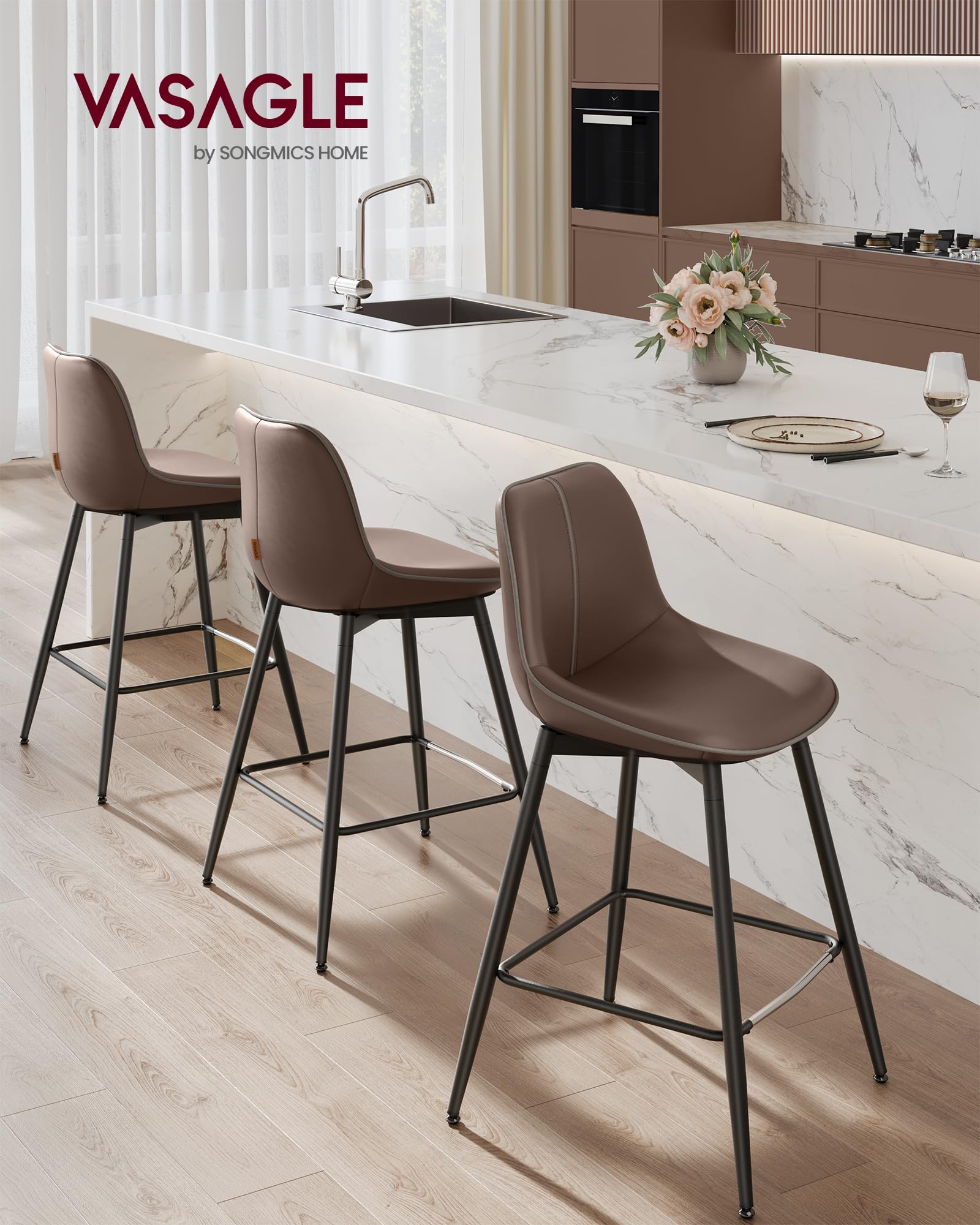 VASAGLE bar stools at 24.8 inches in counter height, ideal for kitchen islands.