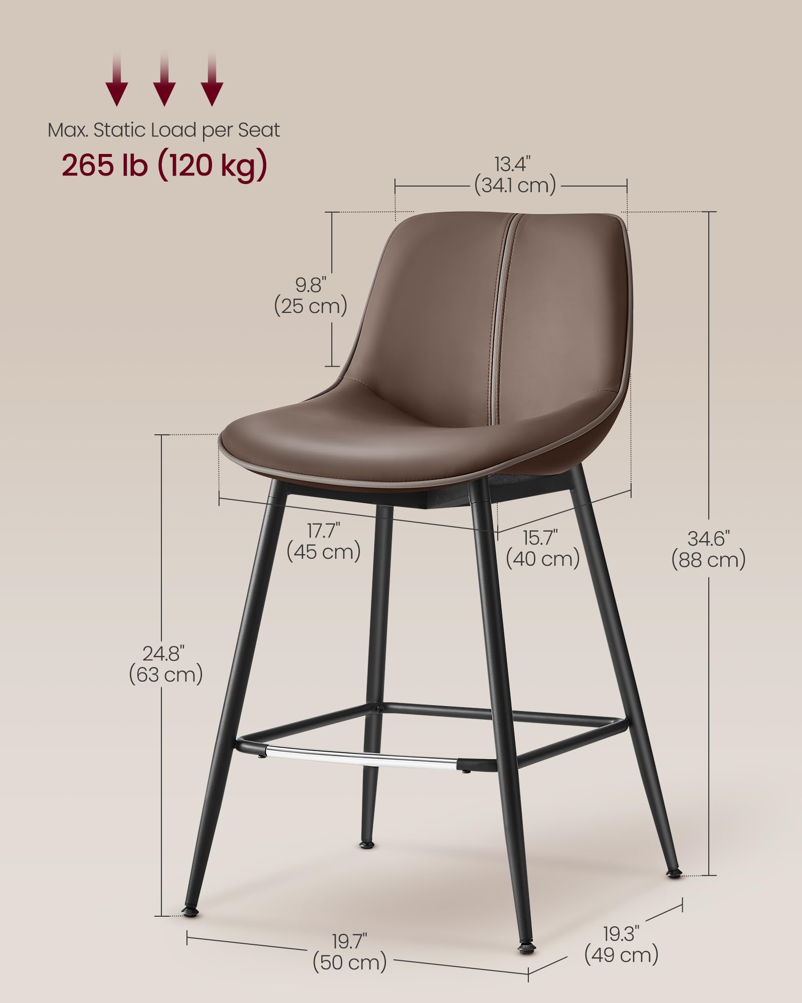 VASAGLE stools feature a sturdy steel frame with leveling feet for stability.