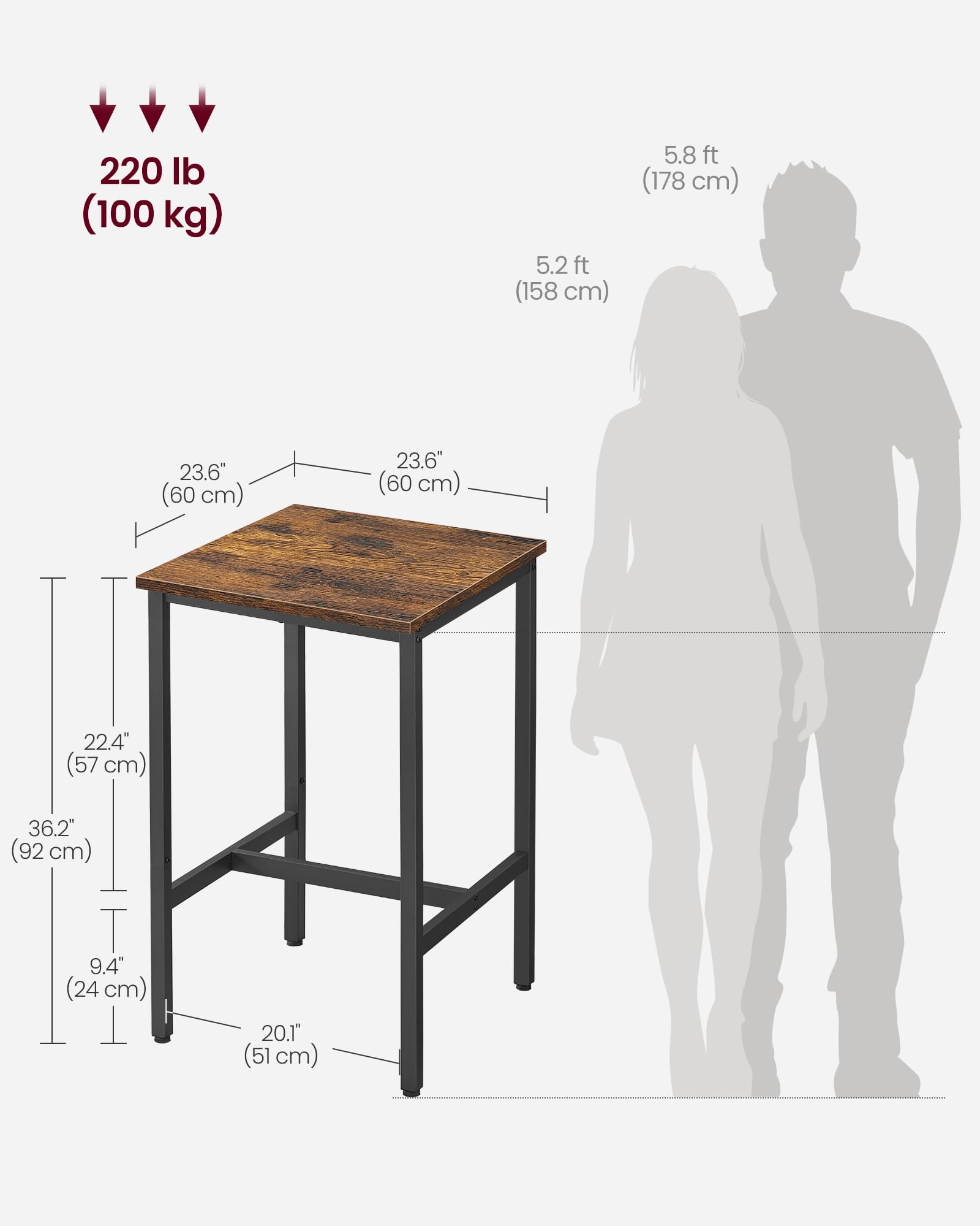 VASAGLE bar table with foot-rest stretcher supports relaxed leg positioning during meals.