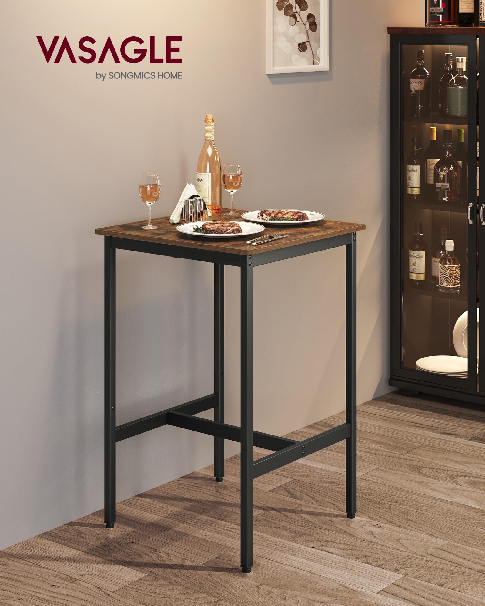VASAGLE bar table features ink-black metal legs for a sturdy, modern look.