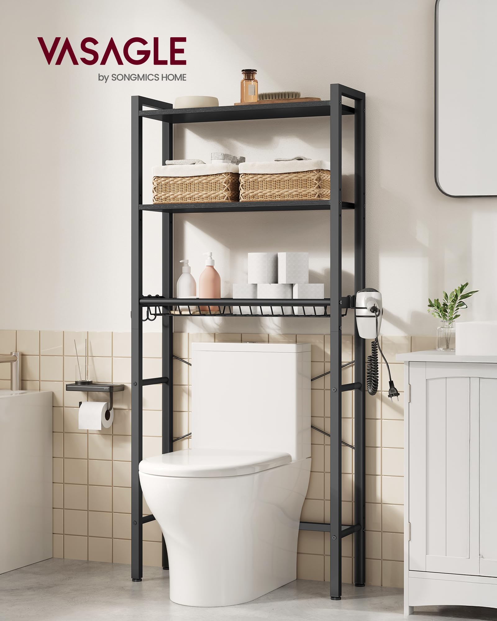 VASAGLE bathroom storage with open shelves for towels and toiletries.
