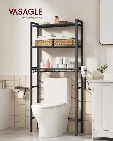 VASAGLE bathroom storage with open shelves for towels and toiletries.
