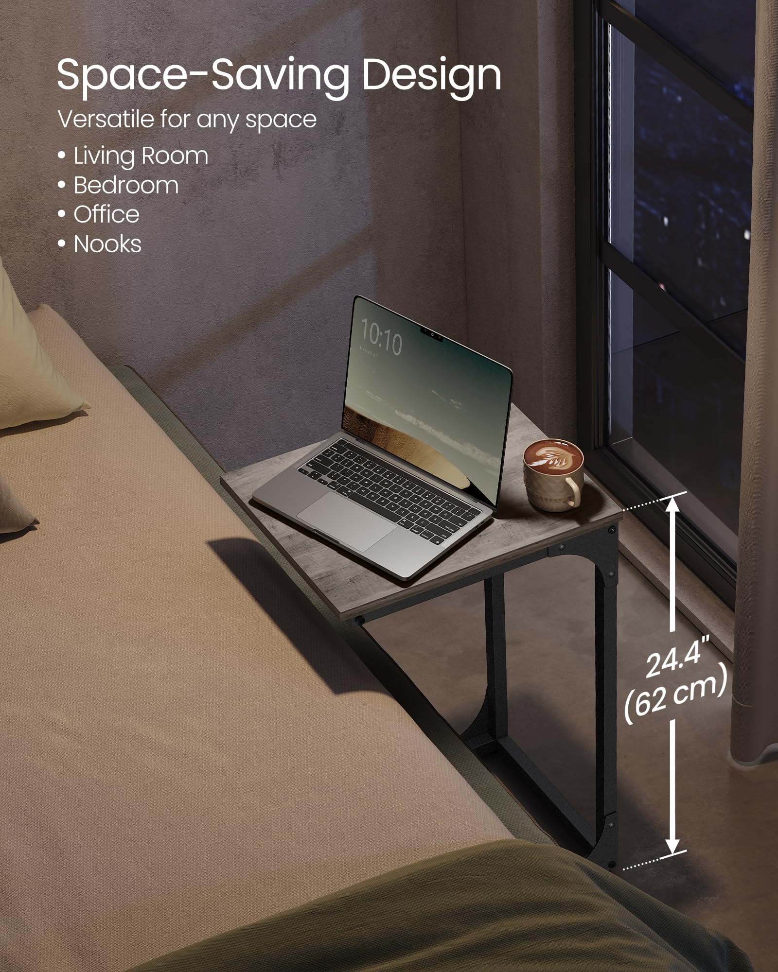 VASAGLE bedside table in greige and black beside the bed for night essentials.