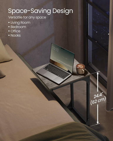 VASAGLE bedside table in greige and black beside the bed for night essentials.