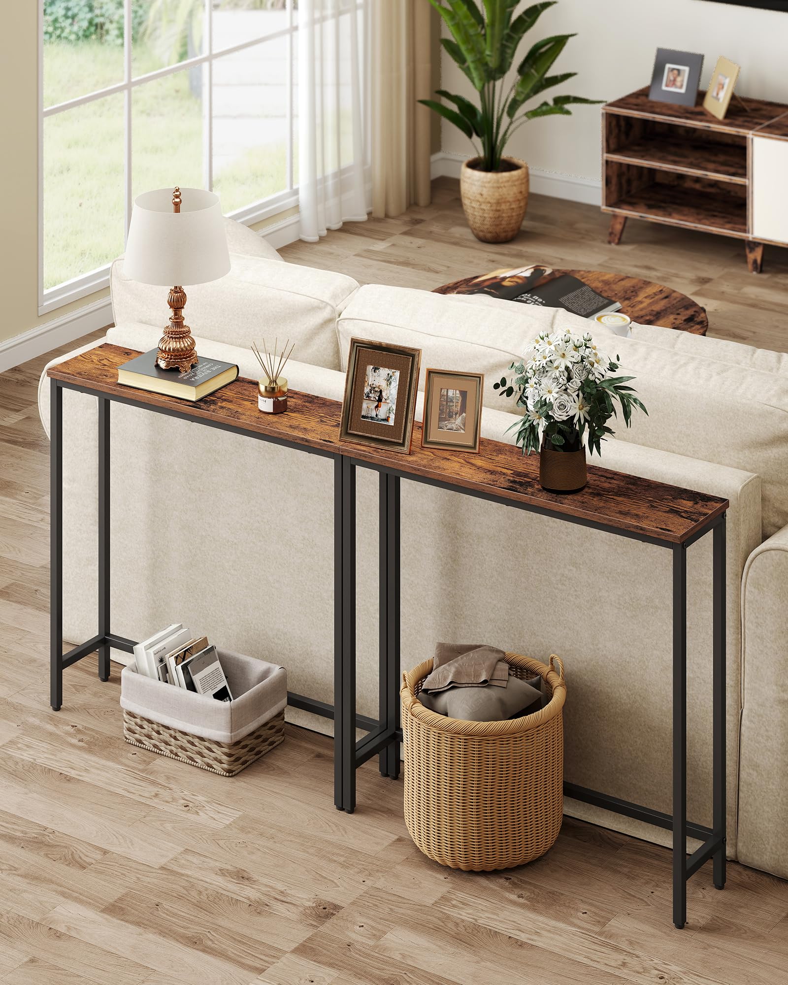 VASAGLE behind-couch table for remotes and daily essentials within reach.
