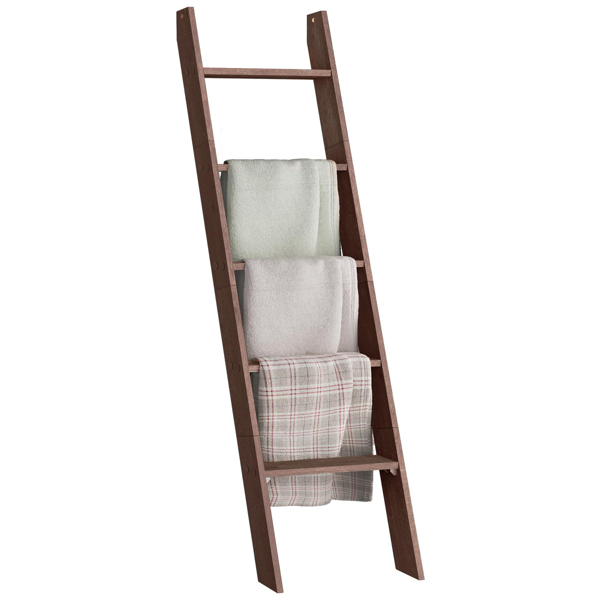 VASAGLE blanket ladder in maroon brown displaying quilts for cozy living room decor