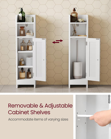 VASAGLE UBBC310W01 bottom cabinet hides spare toilet paper and towels.