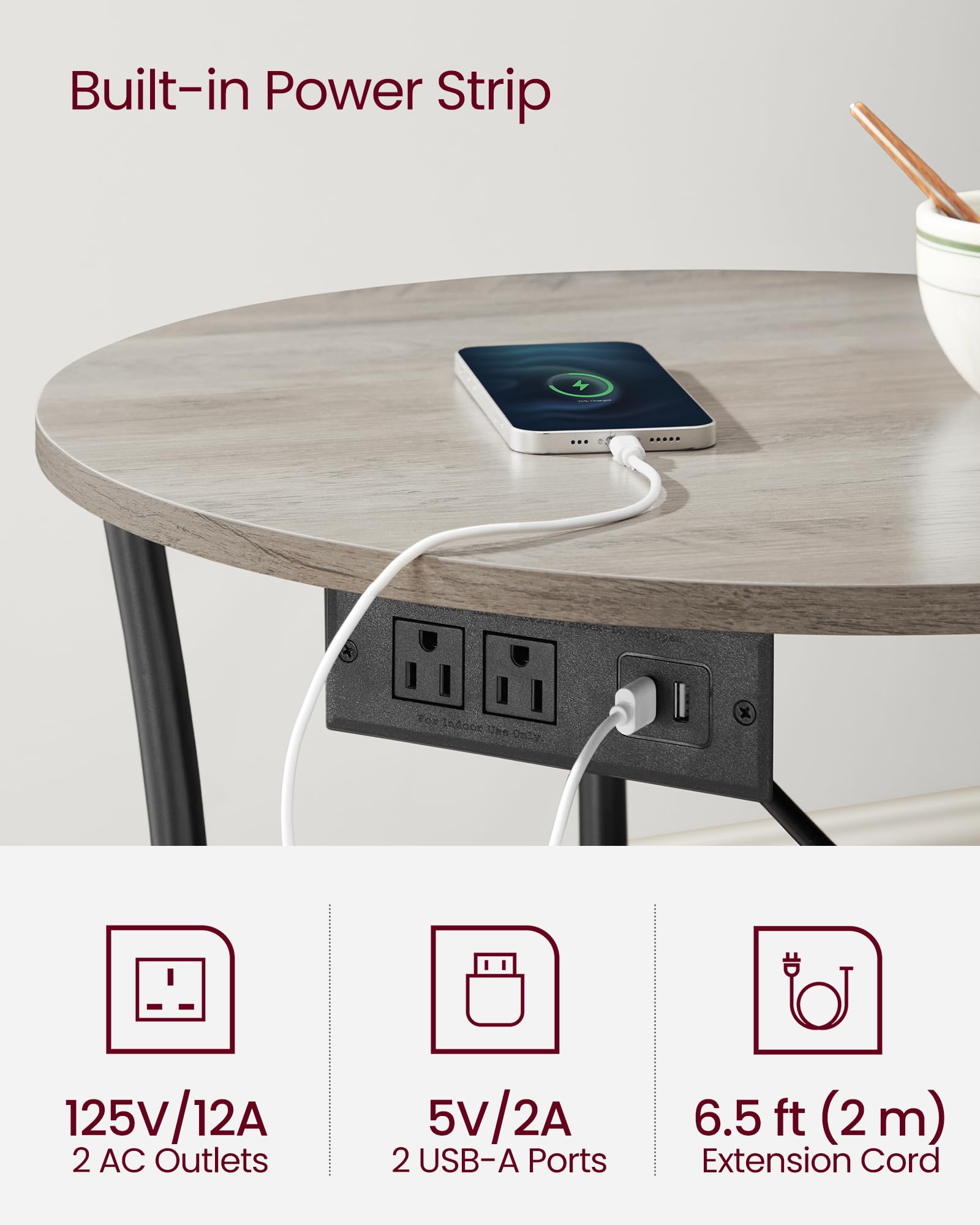VASAGLE built-in power strip with outlets for convenient charging
