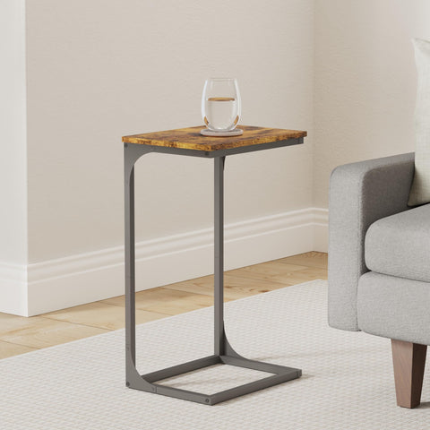 VASAGLE C-shaped end table over the sofa arm for quick snacks and devices.