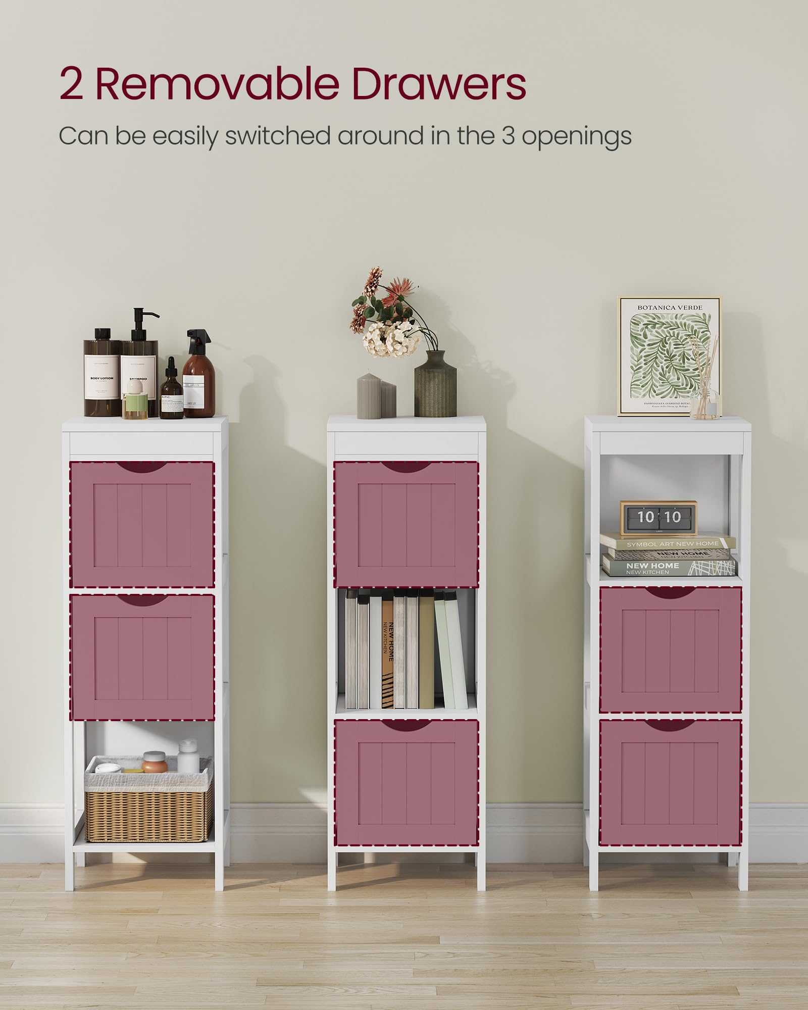 VASAGLE white finish storage cabinet in a bright living room.
