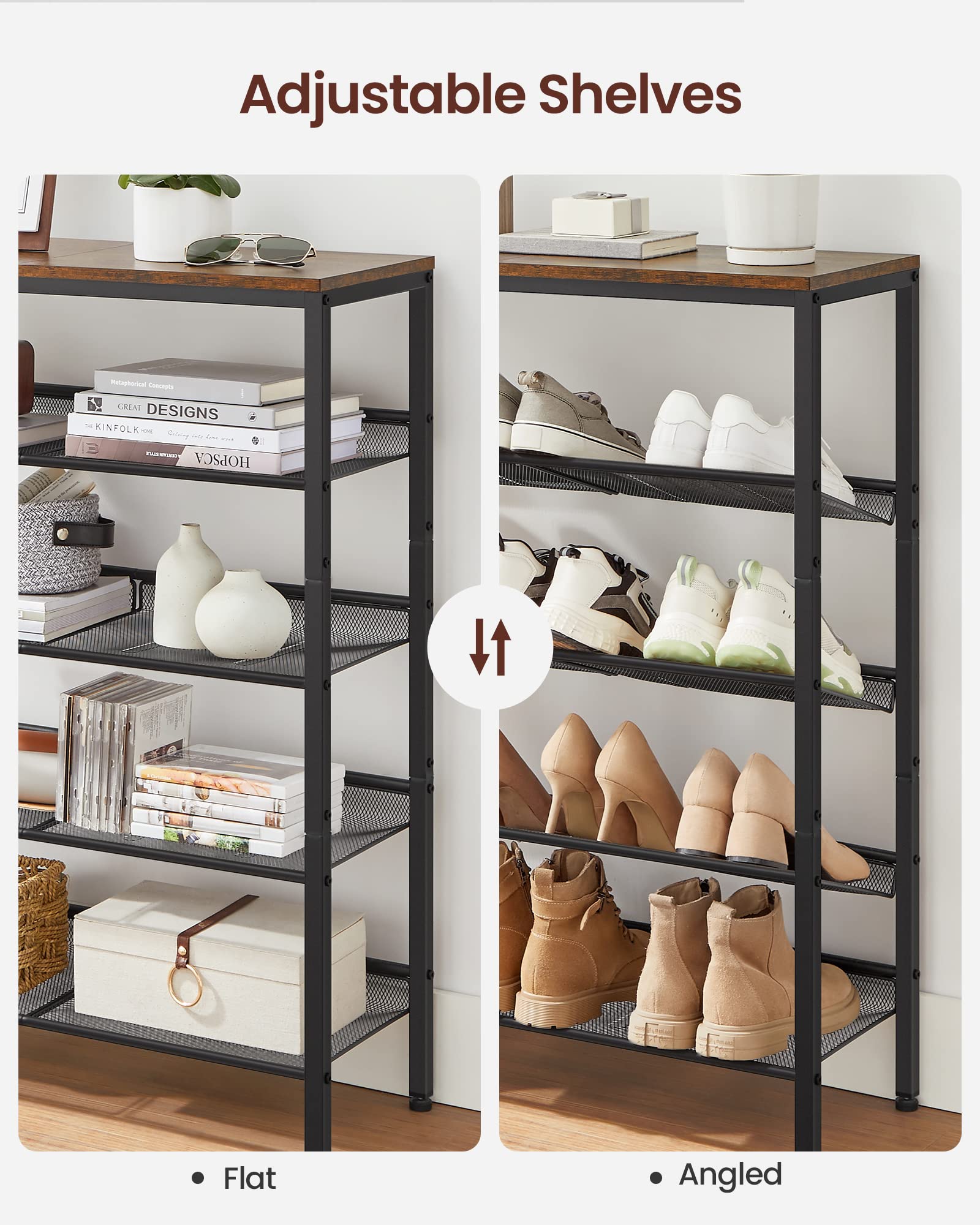 VASAGLE 5-tier rack holds 16-20 pairs, reducing clutter at home.