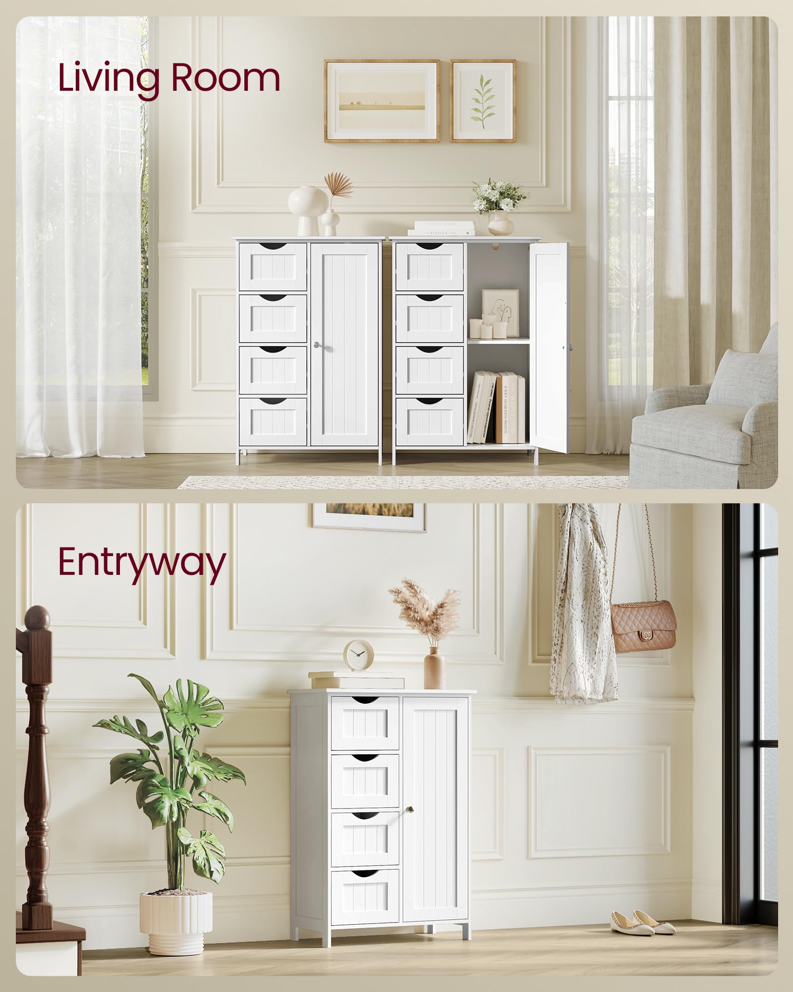 Cloud white finish on VASAGLE cabinet ideal for bathroom or hallway decor.