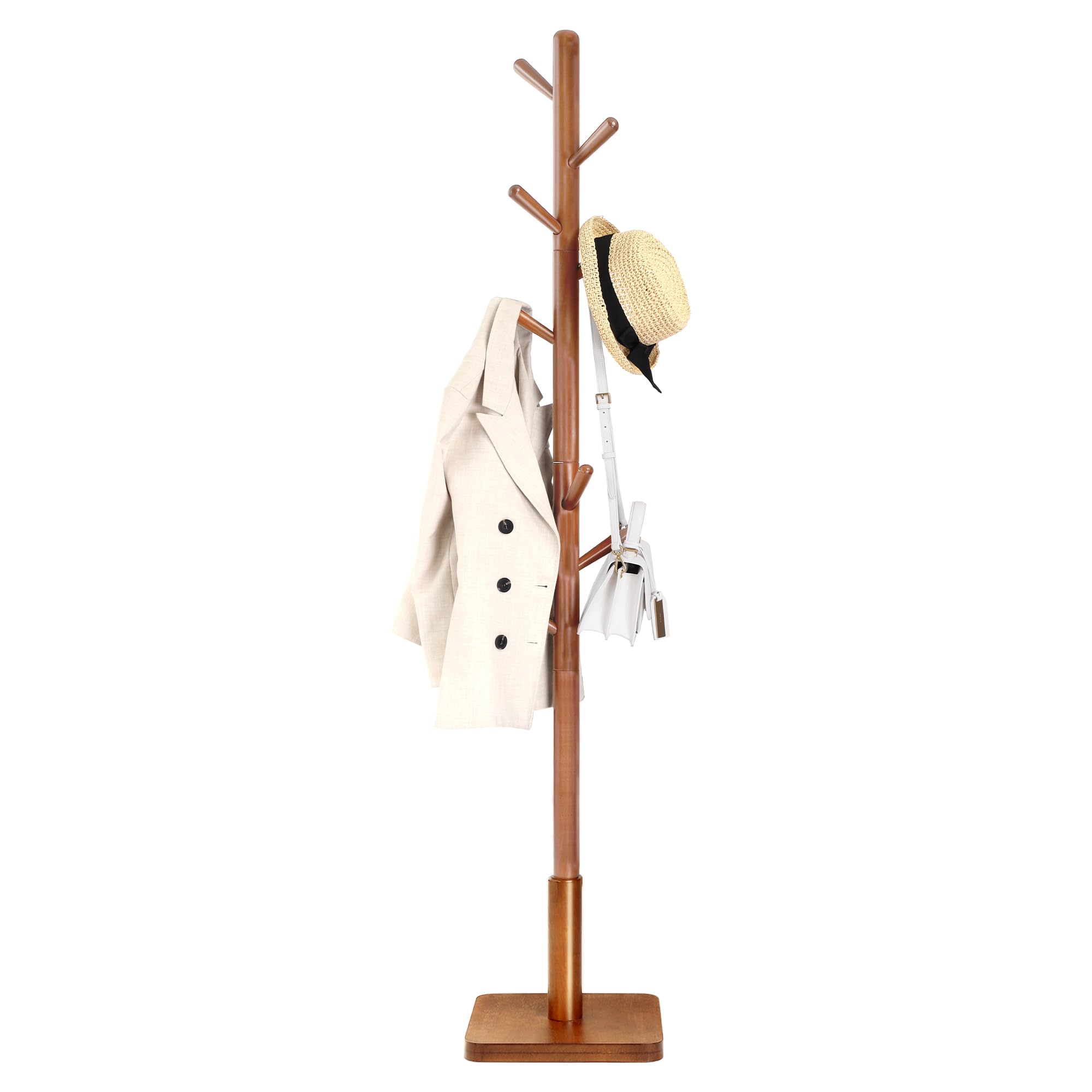 VASAGLE coat rack with 8 hooks in dark walnut keeps coats organized at the entry.
